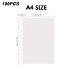 A4 size sheet protectors for 3-ring binders sold in a 100-pack.