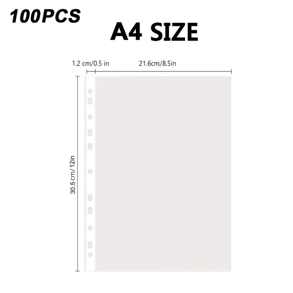 A4 size sheet protectors for 3-ring binders sold in a 100-pack.