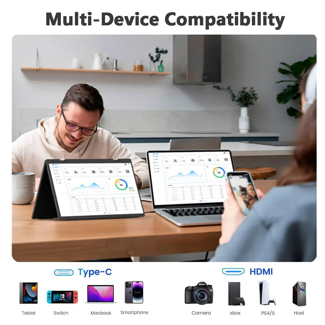 A multi-device compatibility product featuring a portable monitor displayed on a wooden table with various electronic devices