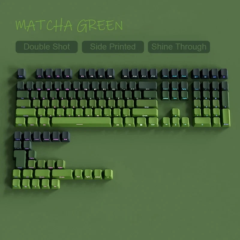 Vista cercana de keycaps PBT dobles de matcha, con impresión lateral y brillo a través.