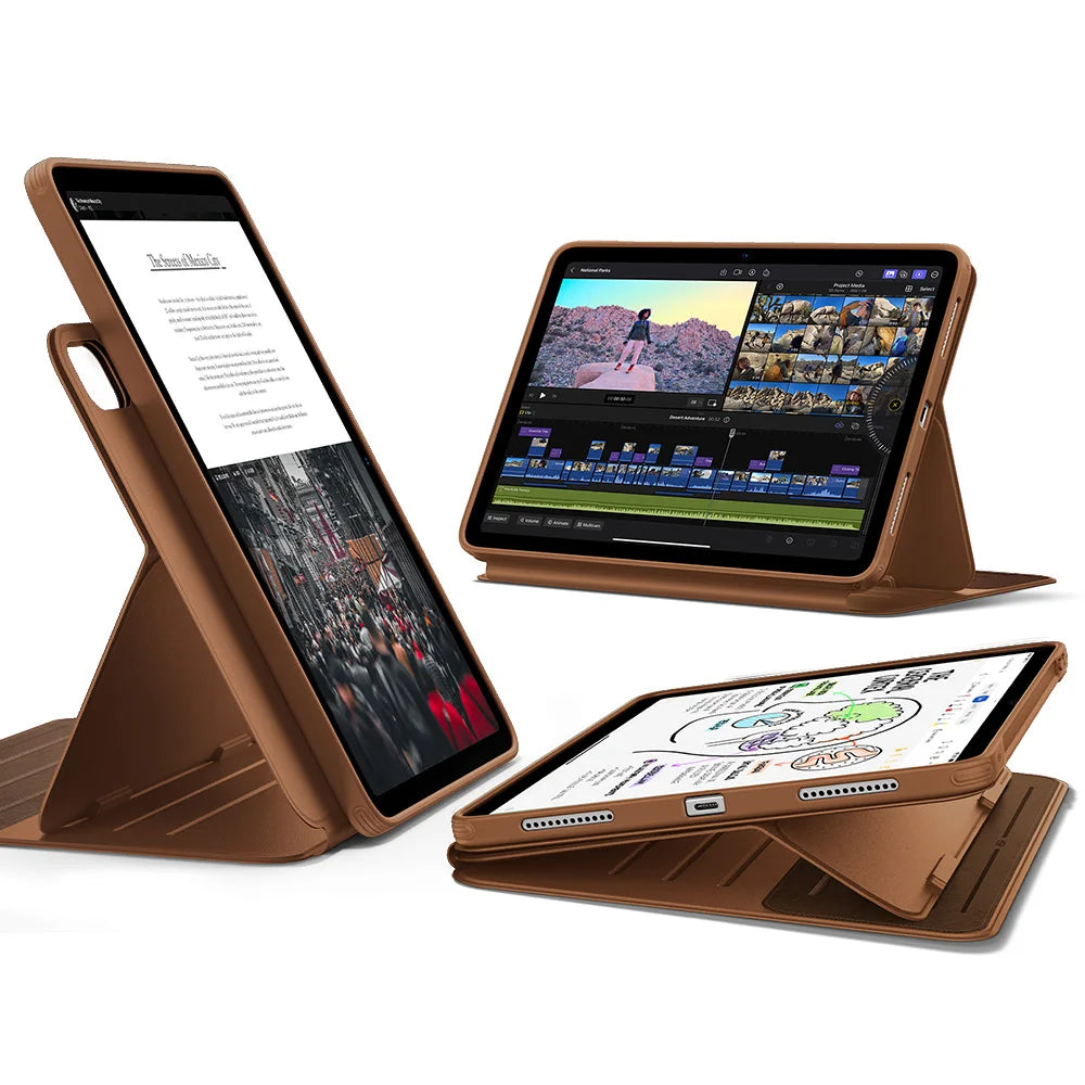 A brown magnetic folio case for an iPad Air is shown in three views.