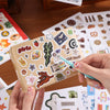 A box of aesthetic scrapbooking stickers featuring girls, nature, and animal patterns is held by a hand.