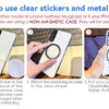 Instructions showing how to use clear stickers and metal rings to attach a phone to a holder.