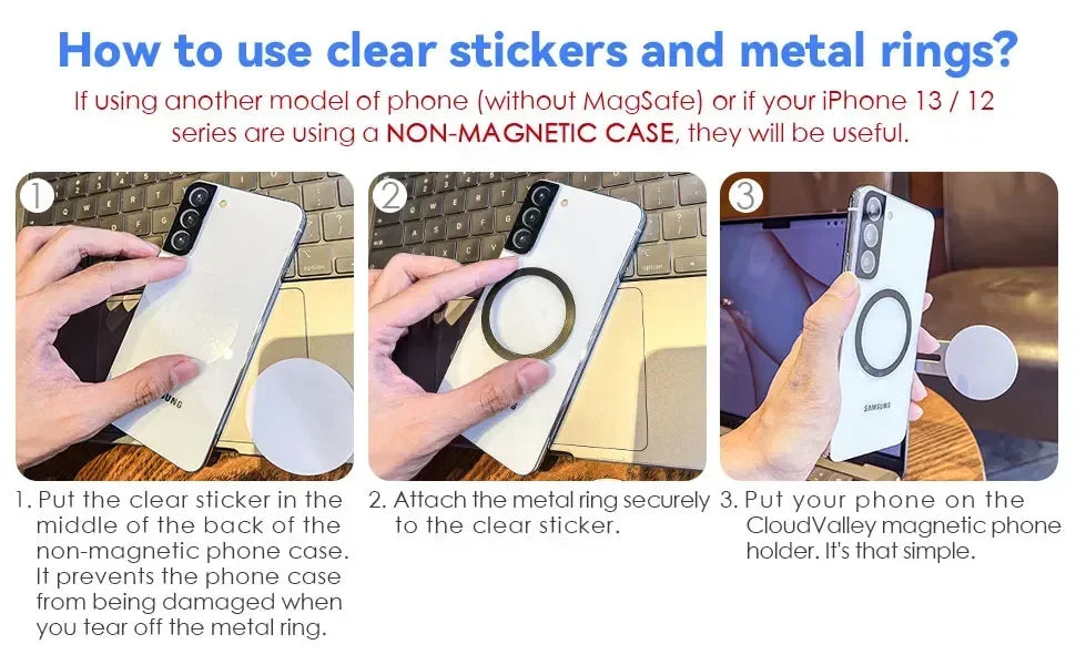 Instructions showing how to use clear stickers and metal rings to attach a phone to a holder.