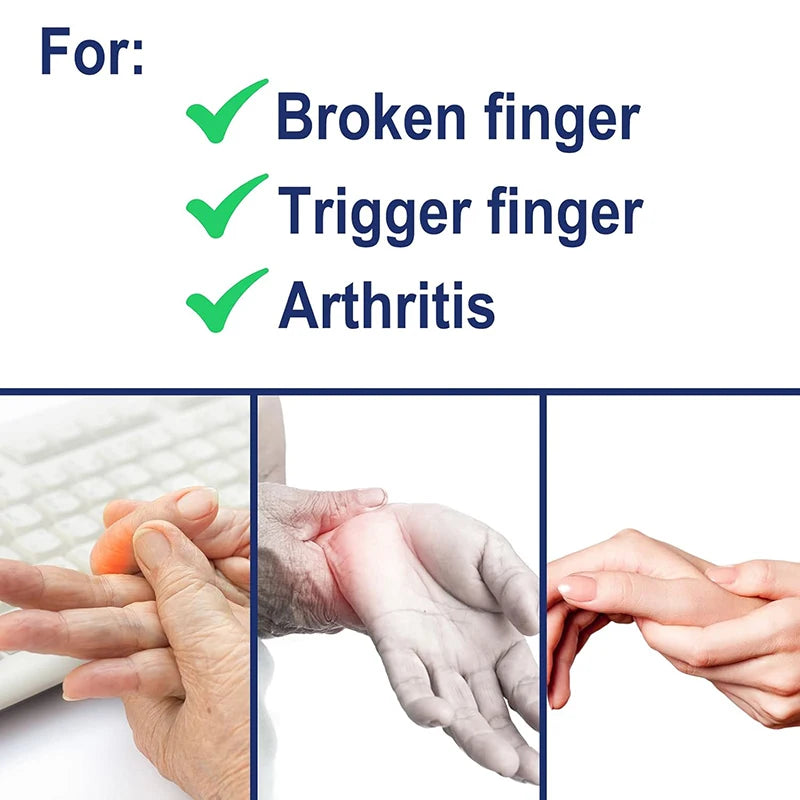 Hands demonstrating the use of an adjustable finger splint for pain relief and support.