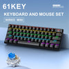 Un set clavier et souris mécanique noir avec fil, mini 61 touches, sur une surface bleue.