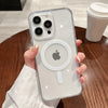 A hand holds a clear magnetic transparent phone case with an Apple logo and multiple camera lenses on the back.
