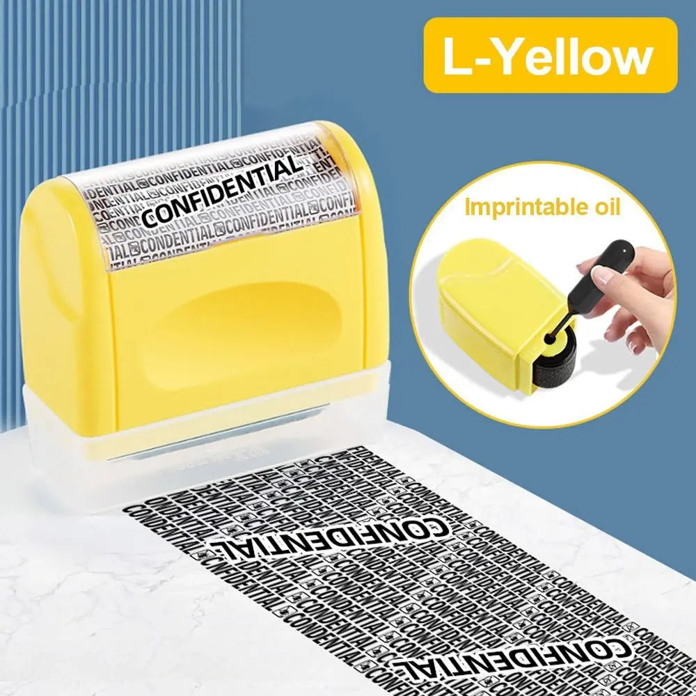 A yellow reusable confidential roller stamp is shown next to a document featuring the word CONFIDENTIAL.
