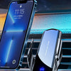 A black wireless car phone mount is shown next to an iPhone, demonstrating super fast charging technology.