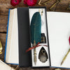 A black box containing a retro calligraphy feather dip pen set with gold accents and a dark green feather on a white backgrou