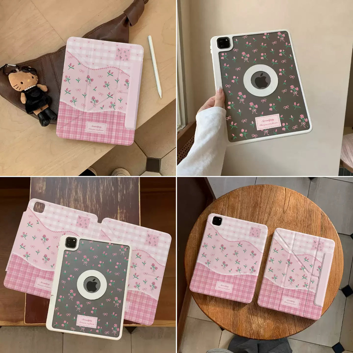 A pink floral print magnetic iPad case with a stand shown in various angles.