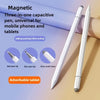 Bolígrafo capacitivo magnético blanco de tres en uno con puntas de bola, disco y tela, junto a una tableta.