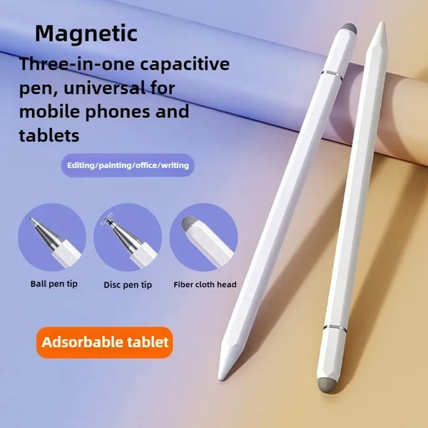 Weißer magnetischer Drei-in-Eins-kapazitiver Stift mit Kugelfasern und Fasertüchern neben einem Tablet.