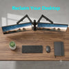 A heavy duty dual monitor desk mount is shown with two monitors mounted on an adjustable arm above a wooden desk.