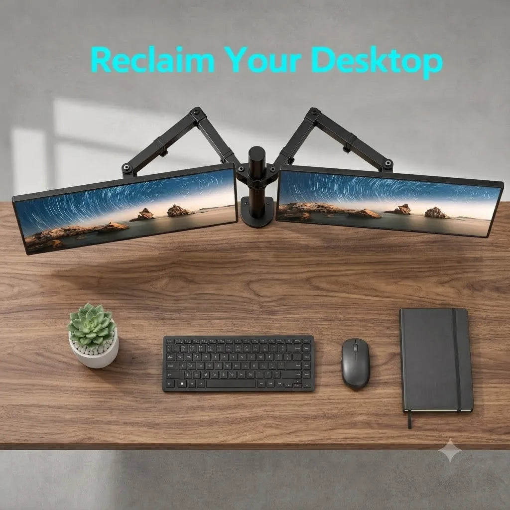 A heavy duty dual monitor desk mount is shown with two monitors mounted on an adjustable arm above a wooden desk.
