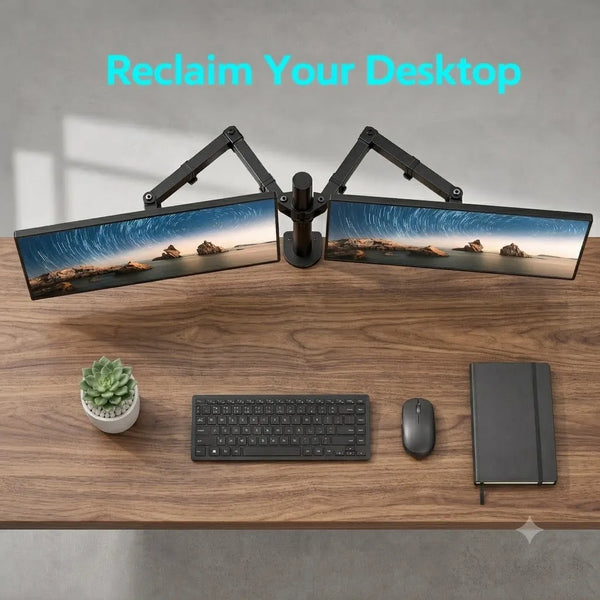 A heavy duty dual monitor desk mount is shown with two monitors mounted on an adjustable arm above a wooden desk.