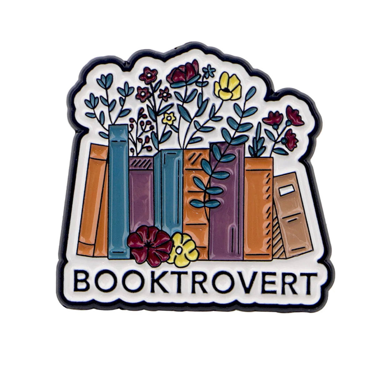 An enamel lapel pin featuring a stylized stack of books with floral elements and the word BOOKTROVERT.