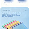Una pila de bolsas organizadoras de documentos transparentes con cierre en varios colores, incluyendo rosa, amarillo y azul.