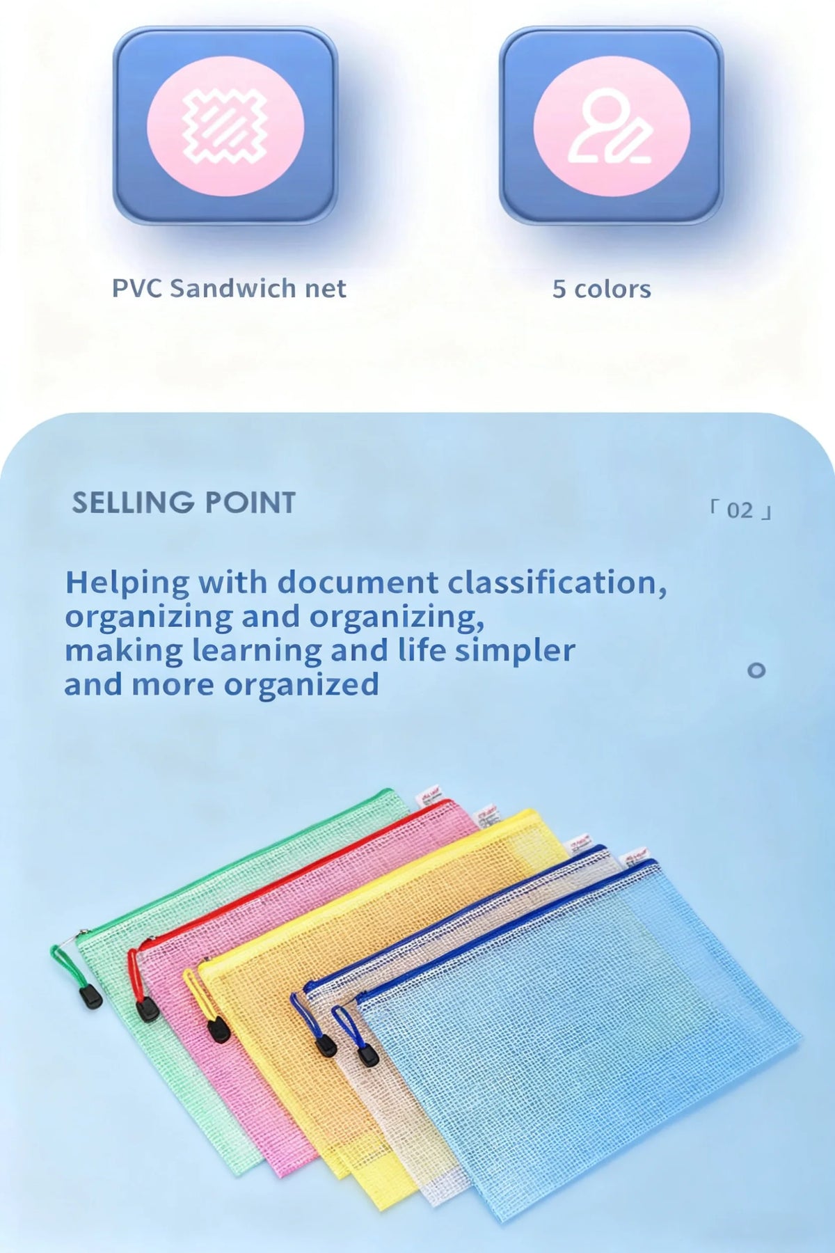 Una pila de bolsas organizadoras de documentos transparentes con cierre en varios colores, incluyendo rosa, amarillo y azul.