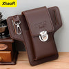A brown leather waist bag designed to hold a phone and keys, shown next to a watch.