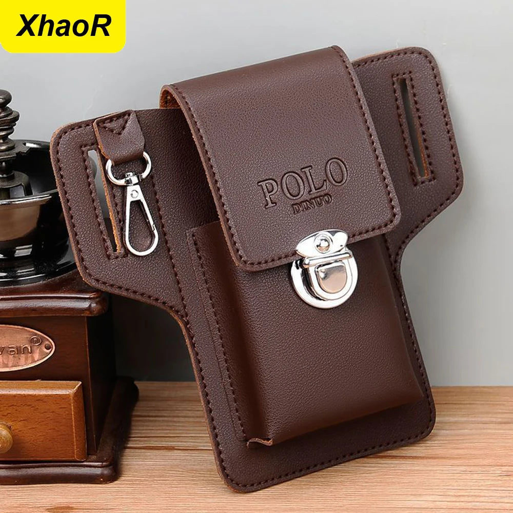 A brown leather waist bag designed to hold a phone and keys, shown next to a watch.