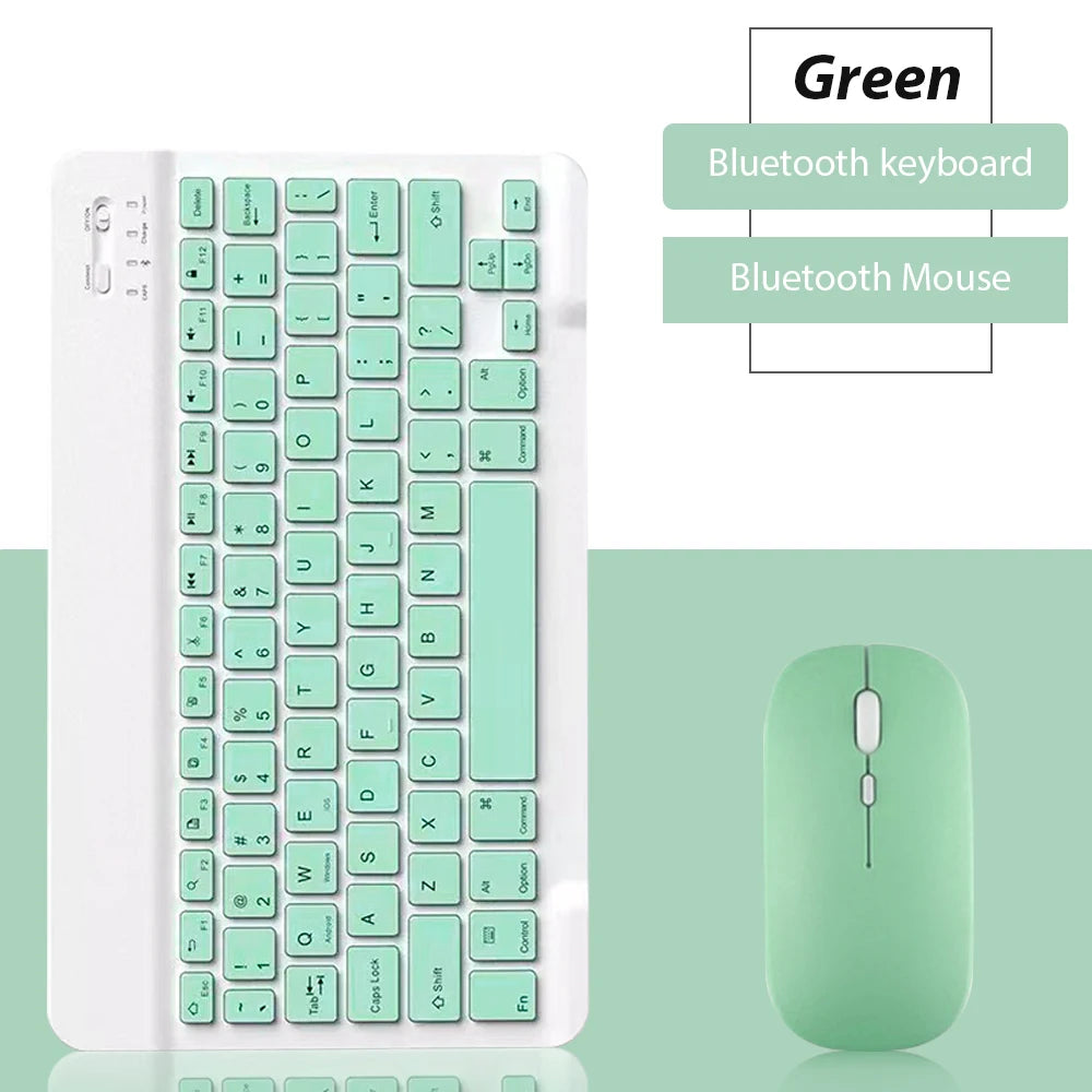 Weißes Bluetooth-Tastatur- und Maus-Set mit hellgrünen Tasten und passender Maus.