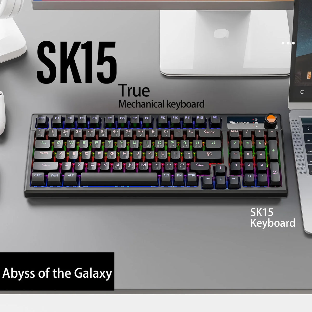 A close-up view of the SK15 True Mechanical keyboard placed on a gray surface.