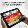 A hand holds a tablet displaying text about the fast transfer of full HD video and high-quality photos.