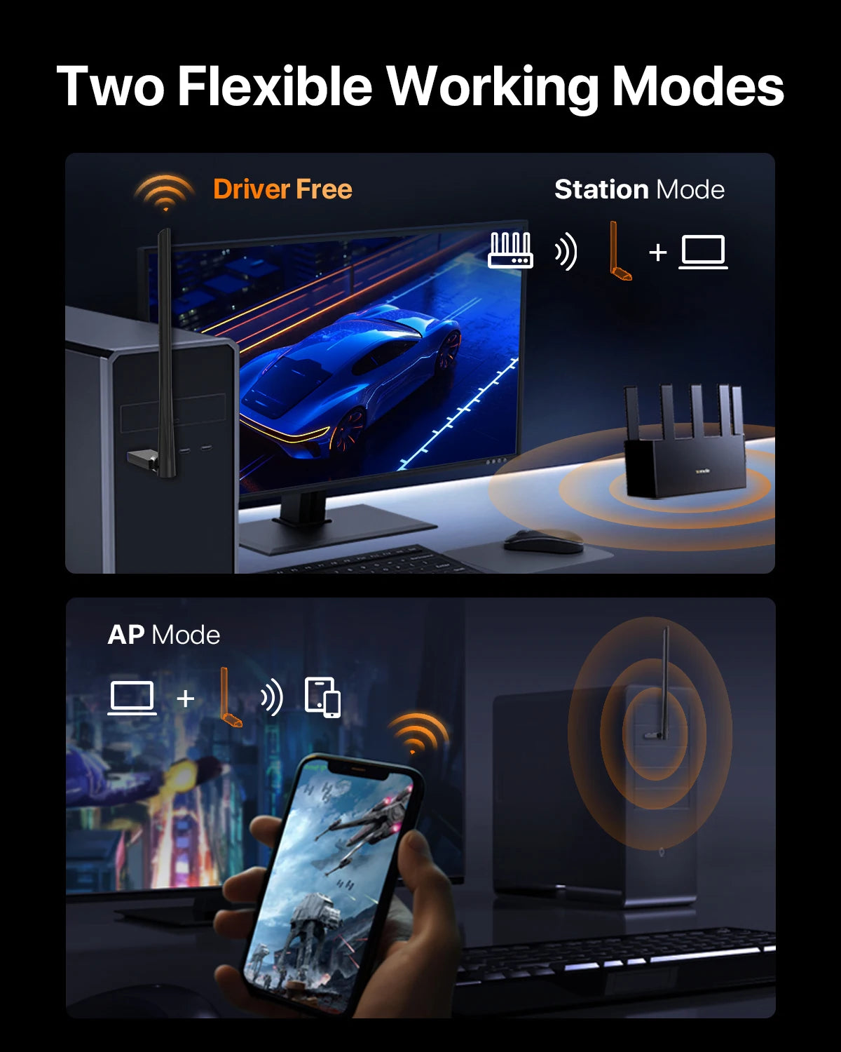 Two flexible working modes shown with a computer monitor and a smartphone, demonstrating Driver Free and AP modes.