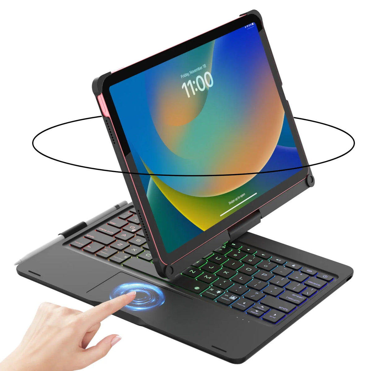 Eine Hand zeigt auf einen beleuchteten Tastatur-Gehäuse mit Trackpad für ein iPad, das die Zeit 11:00 anzeigt.