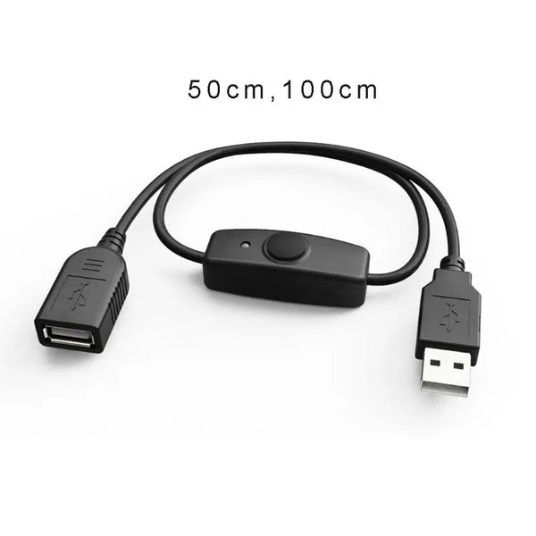 Cable extensor USB 2.0 negro con interruptor, mostrado contra fondo blanco.