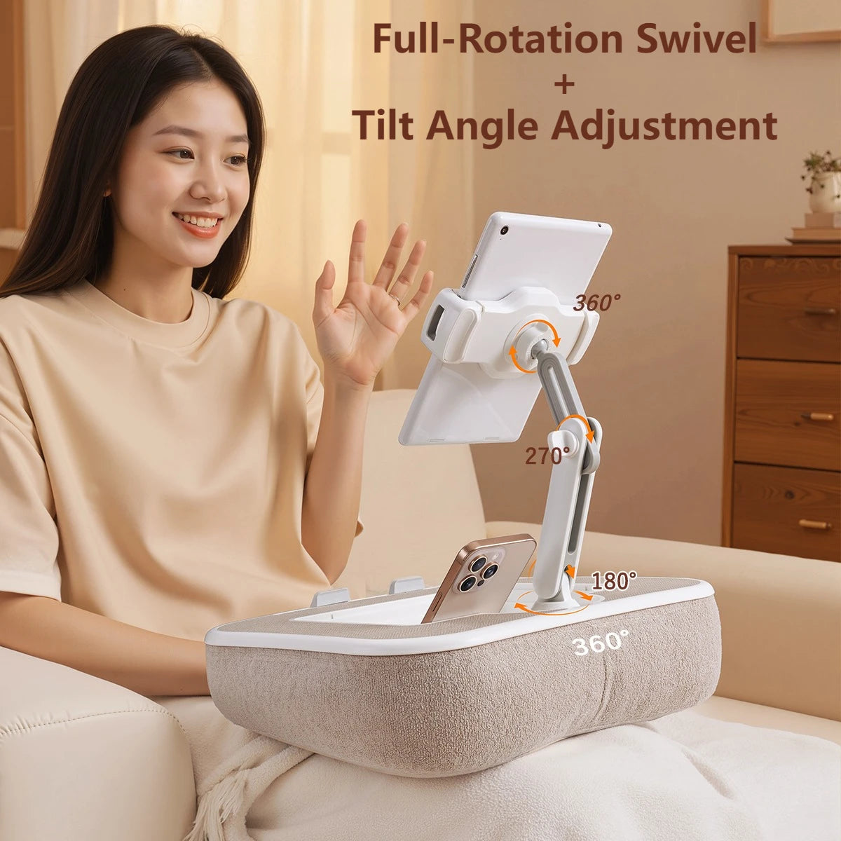 A woman is using a full-rotation swivel and tilt angle adjustment stand to hold a smartphone or tablet.