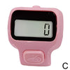 A pink thumb tally counter device with a digital display showing zero.