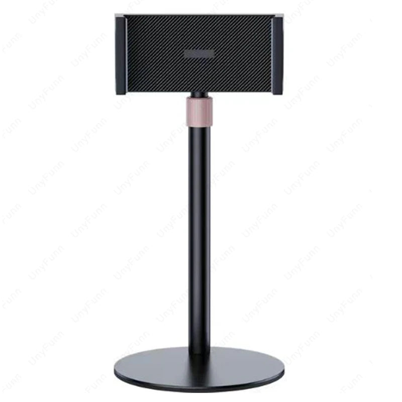A black adjustable desktop monitor stand with a textured finish.