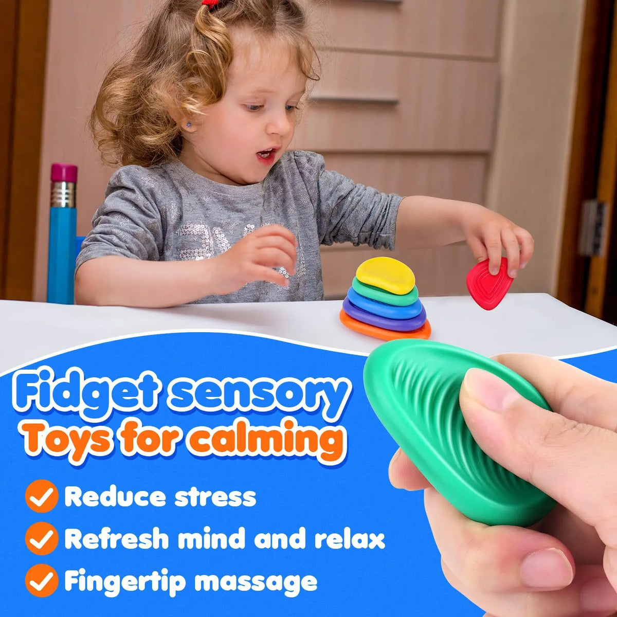 A child is holding a green fidget toy while an adult's hand holds another green silicone fidget tool.