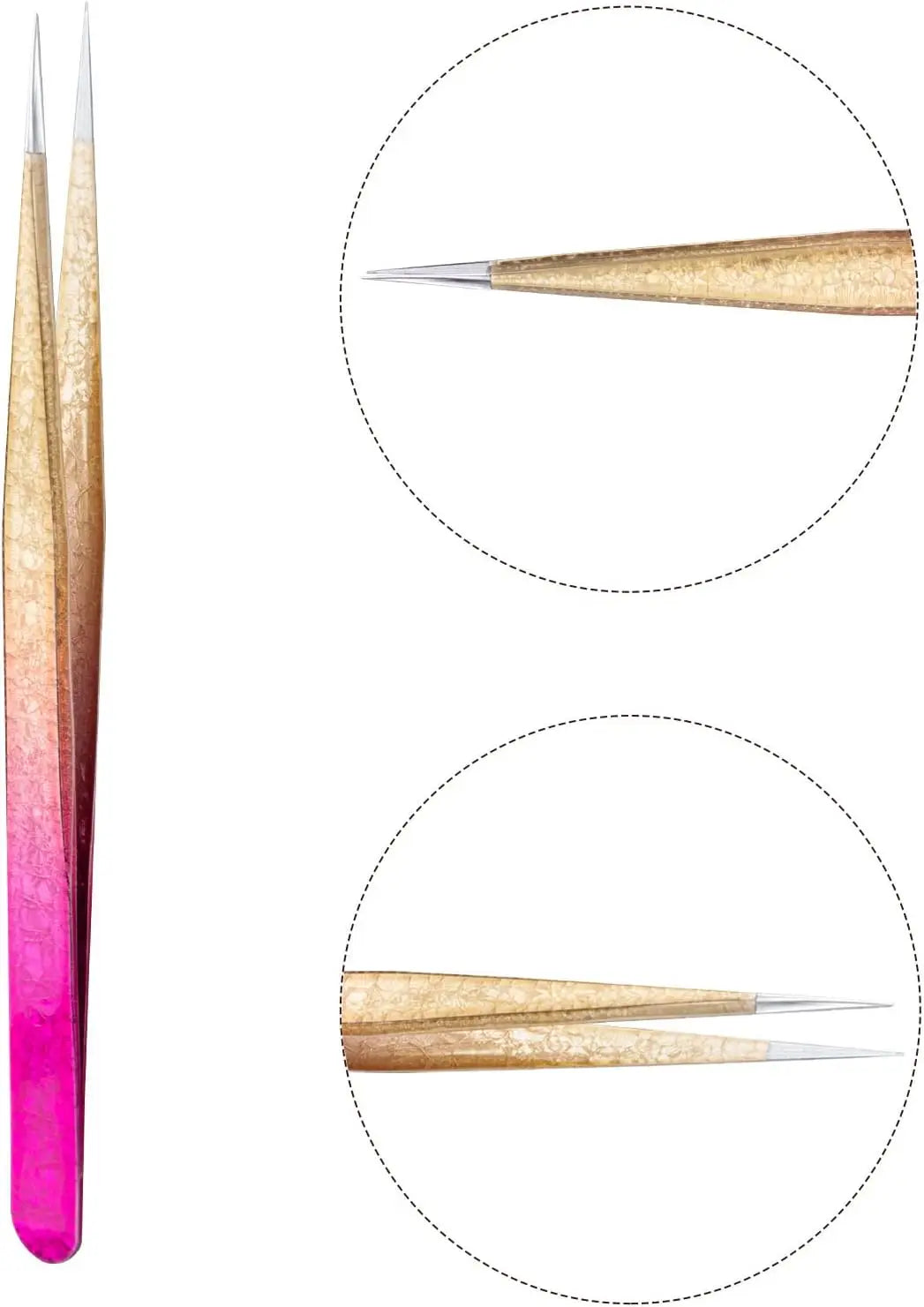Precision eyelash extension tweezers showing a gradient finish, with two examples displayed in circles.