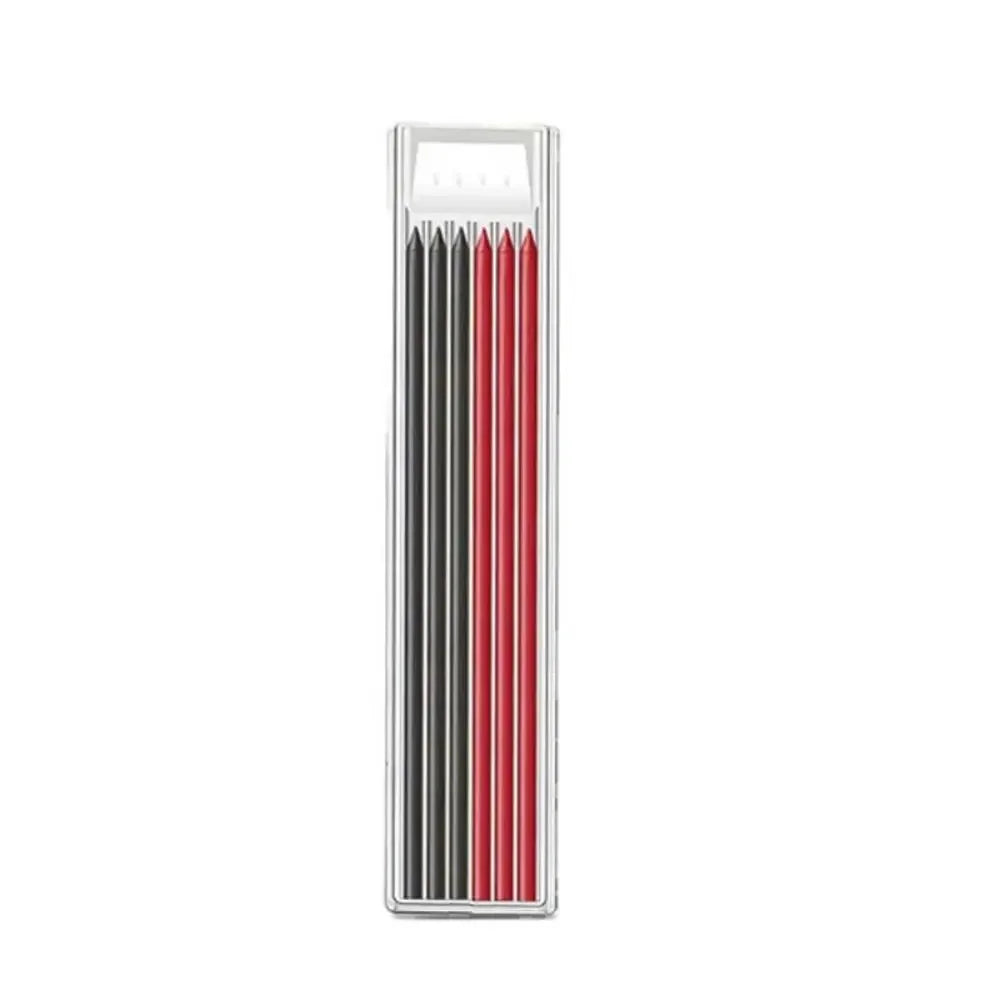 A vertical display of precision mechanical pencils with black and red barrels.
