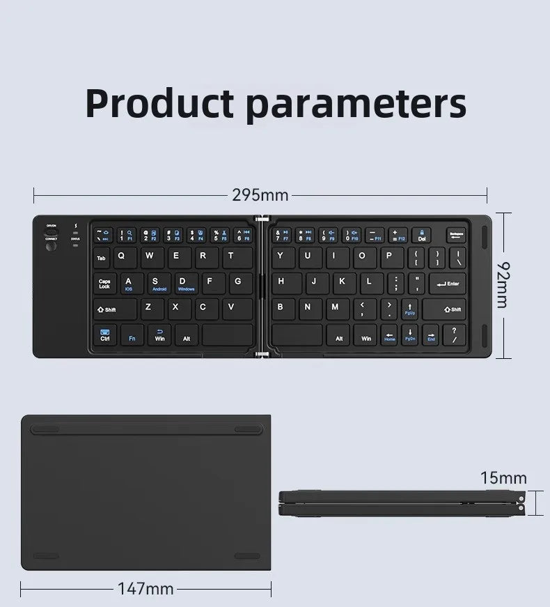 Diagram showing the dimensions and parameters of a foldable Bluetooth keyboard.
