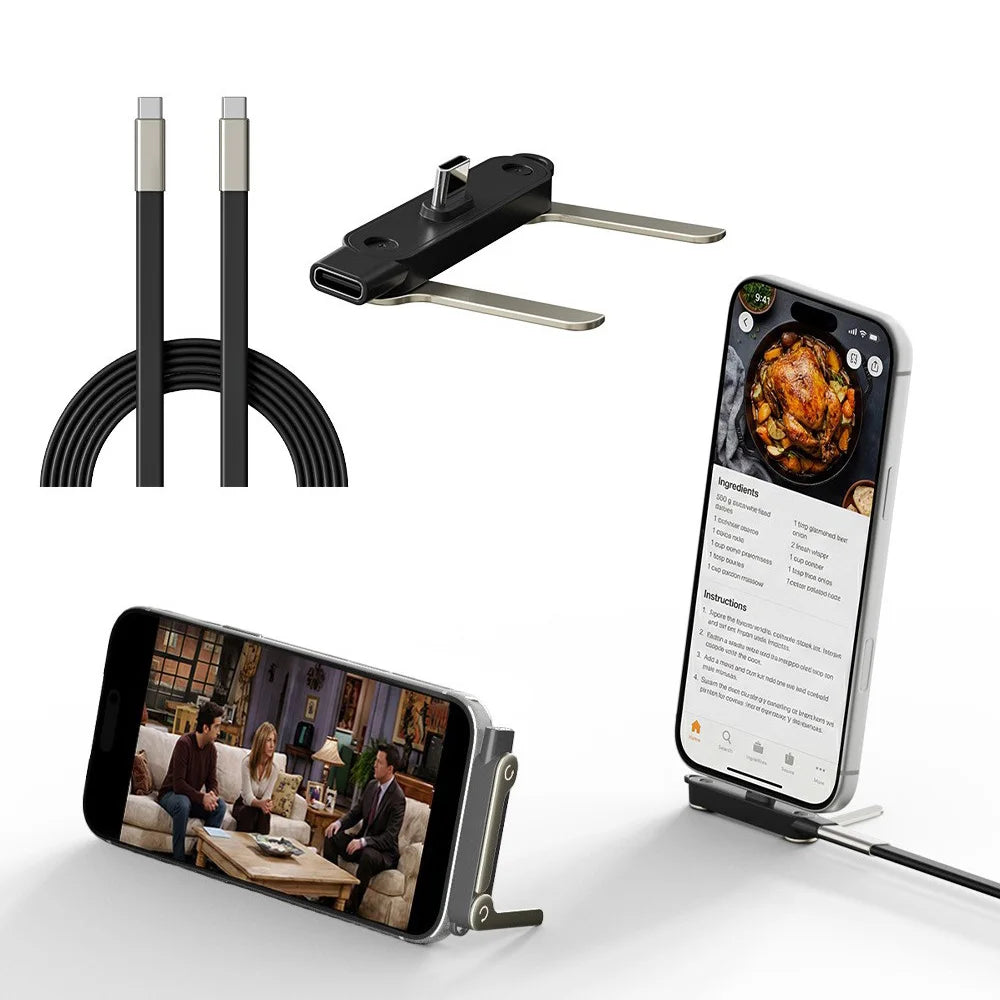 A black USB-C to USB-C adapter and phone stand are shown with charging cables and a smartphone.
