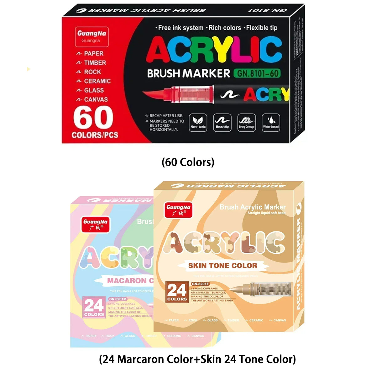 Box of 60 Acrylic Brush Markers and a box of 24 Marcaron Color Skin Tone Colors