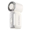 A white portable USB rechargeable mini fan with a silver grille and power button.