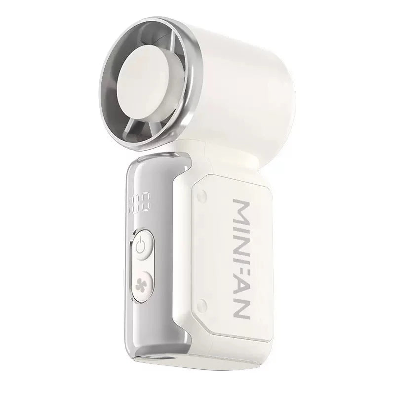 A white portable USB rechargeable mini fan with a silver grille and power button.