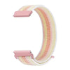 A pink and yellow striped nylon loop watch strap for a child's watch.