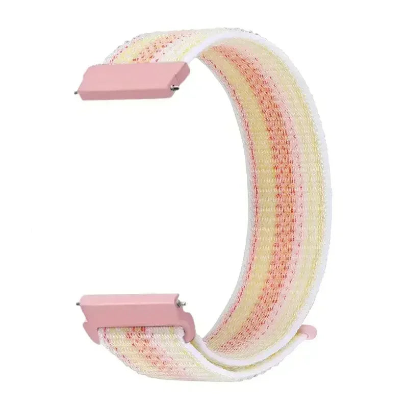 A pink and yellow striped nylon loop watch strap for a child's watch.