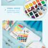 A collection of watercolor paint sets and water brush pens displayed on a light blue background.