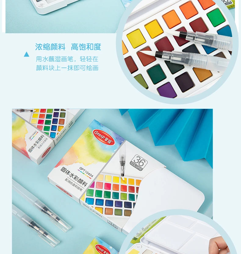 A collection of watercolor paint sets and water brush pens displayed on a light blue background.