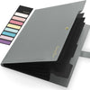 A gray expanding A4 file folder with five colored pockets is shown open on a white background.