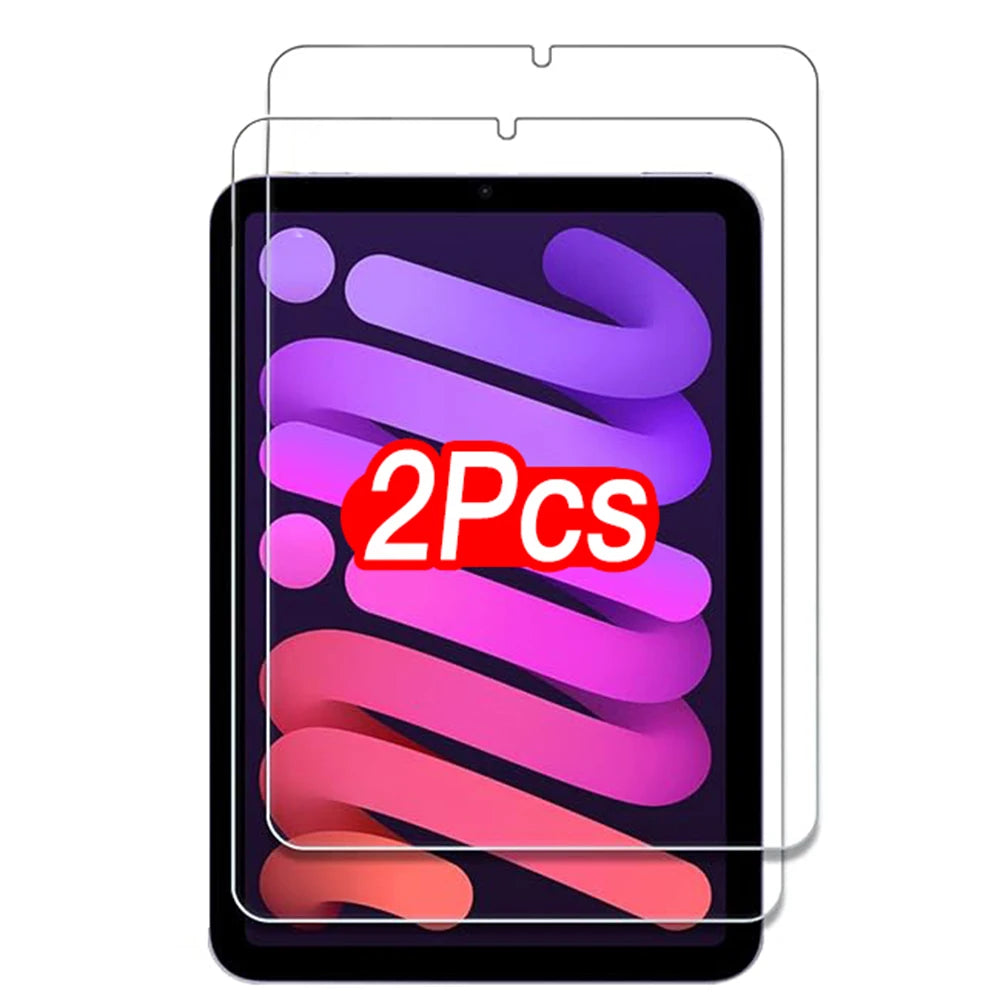 A package of two tempered glass screen protectors for an iPad Mini is shown, with the product label 2Pcs visible.