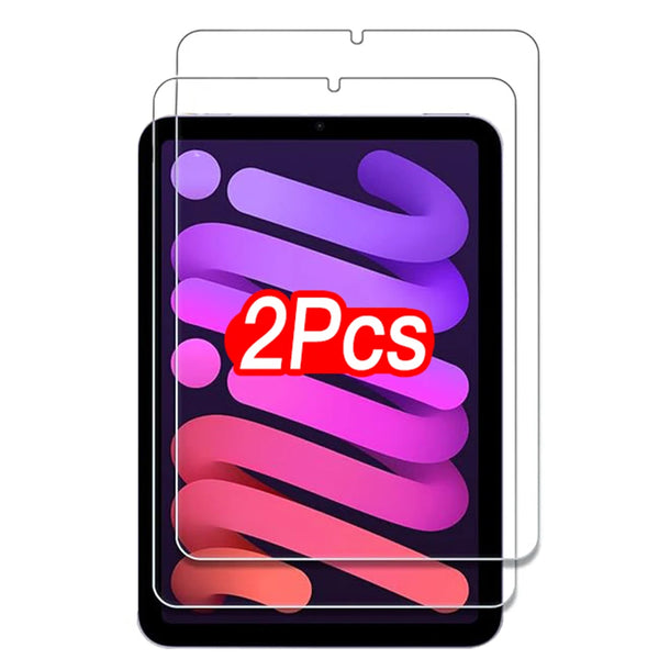 A package of two tempered glass screen protectors for an iPad Mini is shown, with the product label 2Pcs visible.