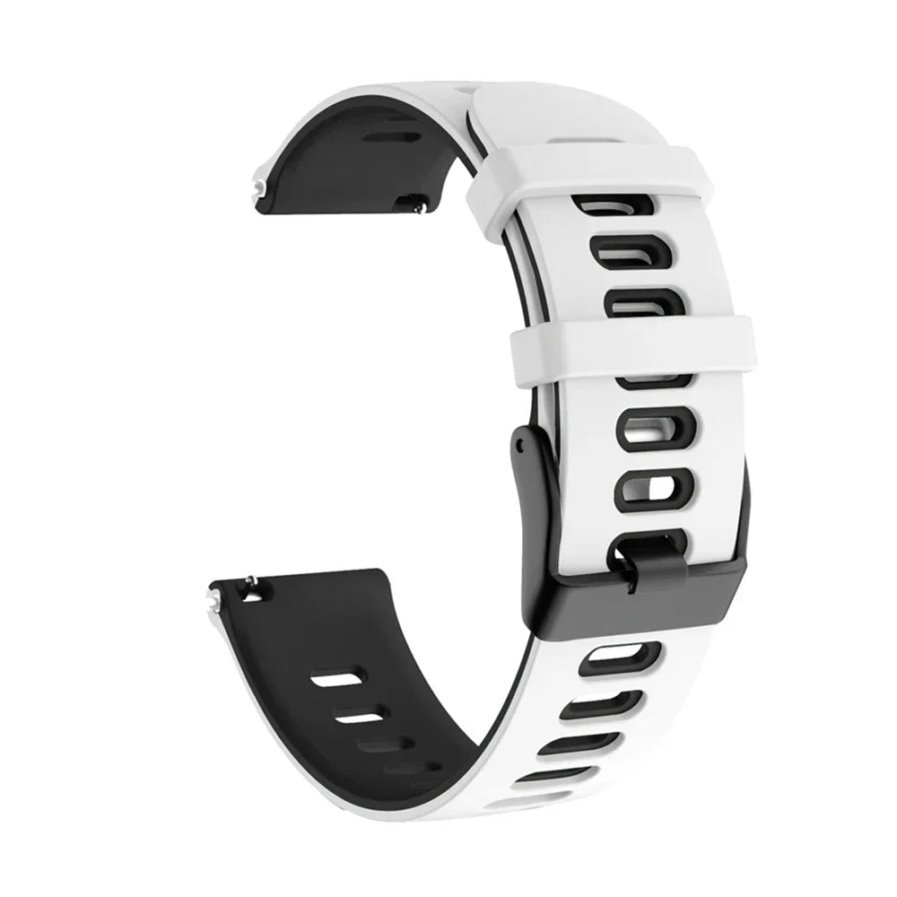 A white silicone watch band with black accents shown from the side.